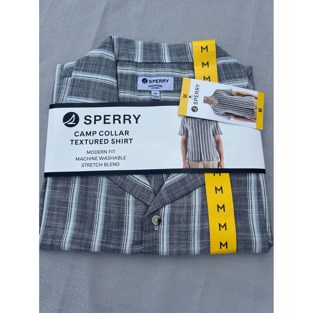 Sperry Mens Camp Collar Textured Shirt M Navy Striped Modern Fit Button Down